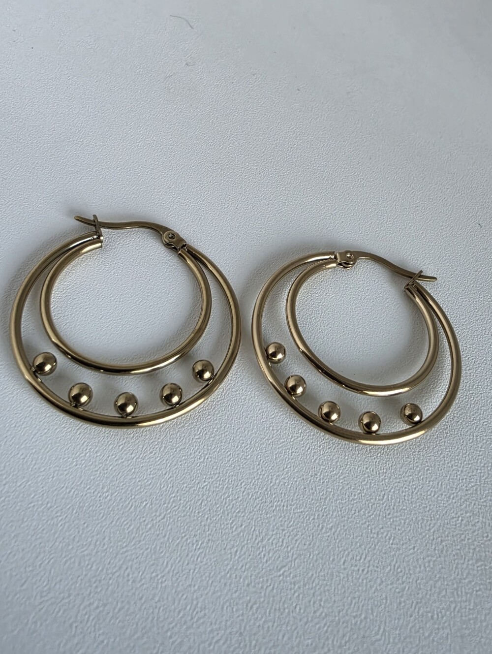 Stainless Steel Gold Double Hoop Beaded Earrings | Modern Minimalist Hoops - Picture 3 of 4